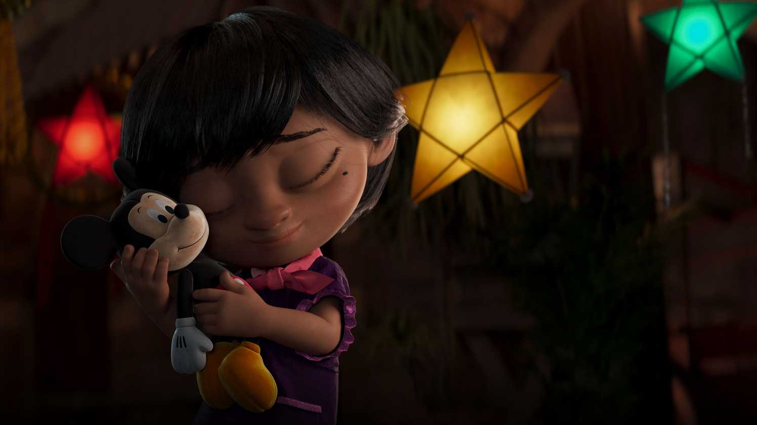 Disney character, Lola, holding her Mickey Mouse soft toy.