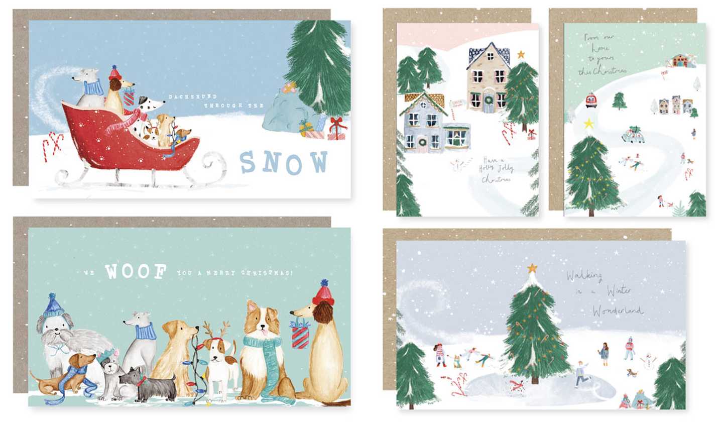 A selection of five Next Christmas card designs featuring illustrations of wintery scenes.